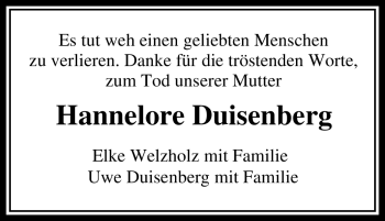 Traueranzeige von Hannelore Duisenberg von Tageszeitung