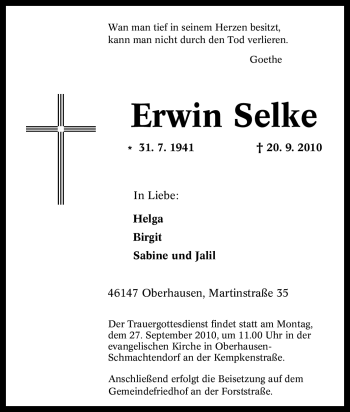 Traueranzeige von Erwin Selke von Tageszeitung