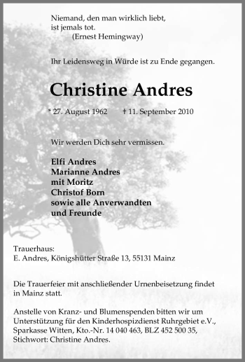 Traueranzeige von Christine Andres von Tageszeitung