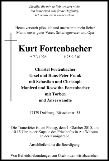 Traueranzeige von Kurt Fortenbacher von Tageszeitung