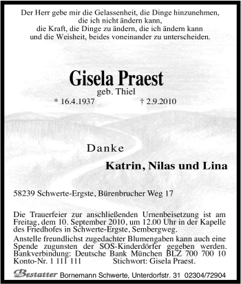 Traueranzeige von Gisela Praest von Tageszeitung