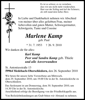 Traueranzeige von Marlene Kamp von Tageszeitung