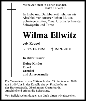 Traueranzeige von Wilma Ellwitz von Tageszeitung