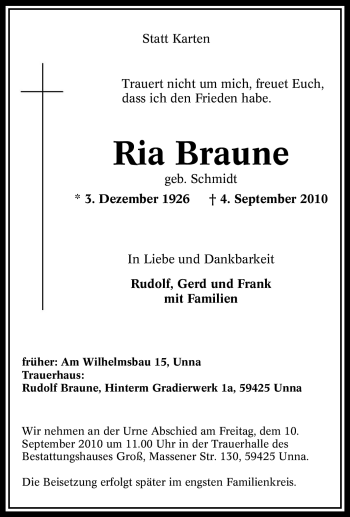 Traueranzeige von Ria Braune von Tageszeitung