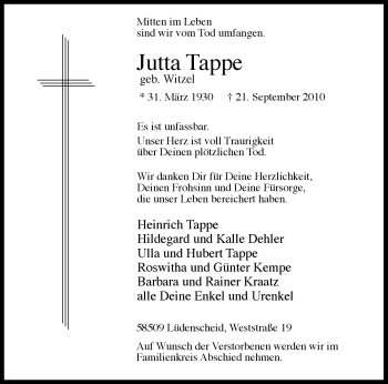 Traueranzeige von Jutta Tappe von Tageszeitung