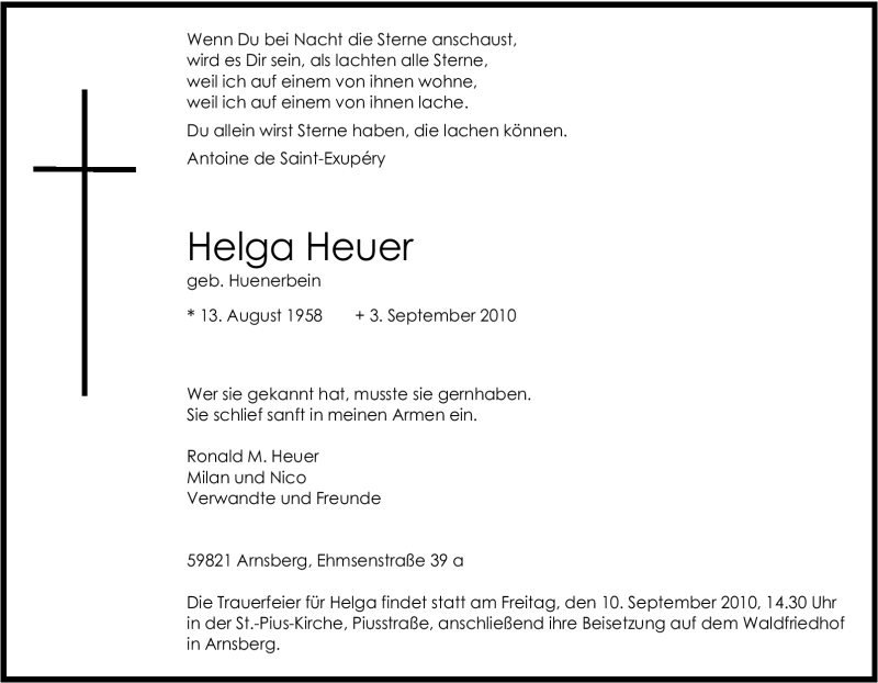  Traueranzeige für Helga Heuer vom 06.09.2010 aus Tageszeitung