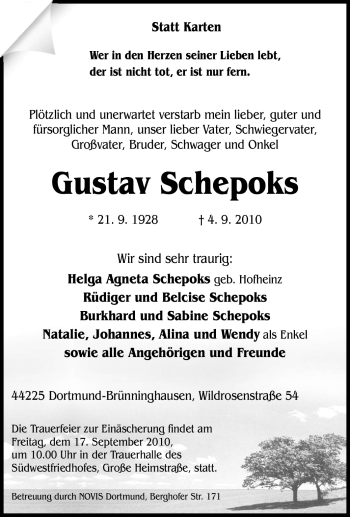 Traueranzeige von Gustav Schepoks von Tageszeitung