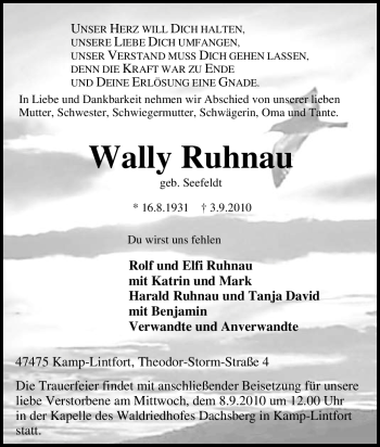 Traueranzeige von Wally Ruhnau von Tageszeitung