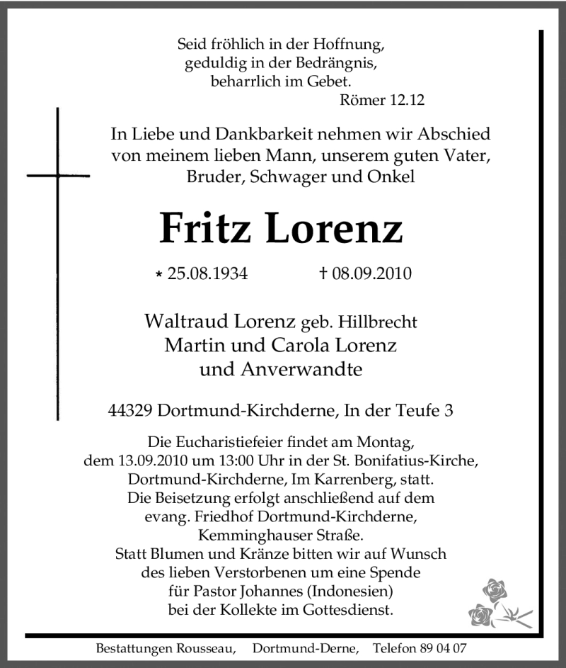  Traueranzeige für Fritz Lorenz vom 10.09.2010 aus Tageszeitung