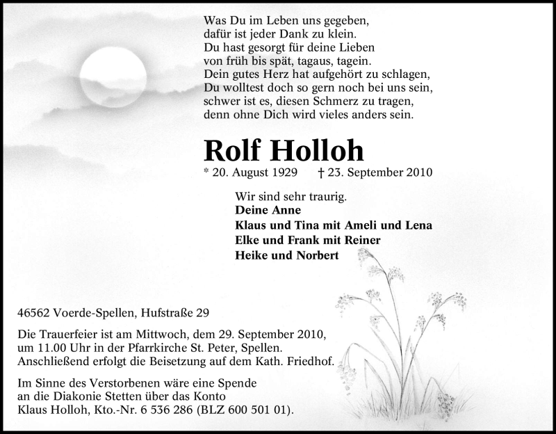  Traueranzeige für Rolf Holloh vom 28.09.2010 aus Tageszeitung