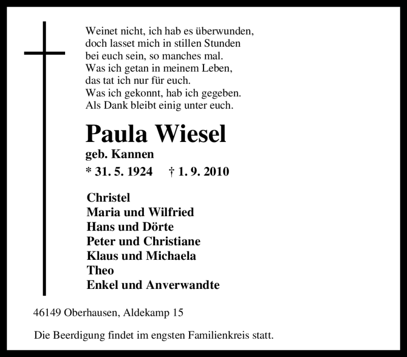  Traueranzeige für Paula Wiesel vom 04.09.2010 aus Tageszeitung