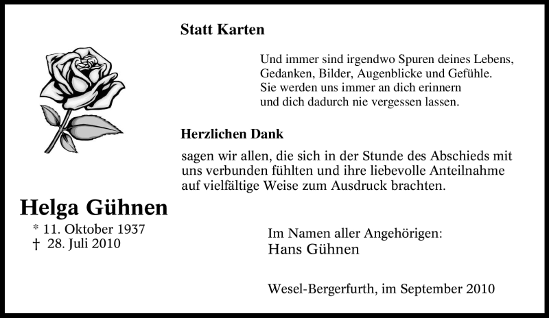  Traueranzeige für Helga Gühnen vom 04.09.2010 aus Tageszeitung