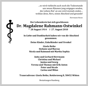 Traueranzeige von Magdalene Rahmann-Ostwinkel von Tageszeitung