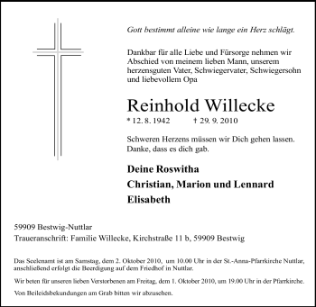 Traueranzeige von Reinhold Willecke von Tageszeitung
