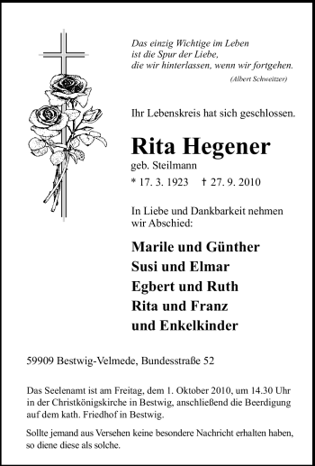 Traueranzeige von Rita Hegener von Tageszeitung