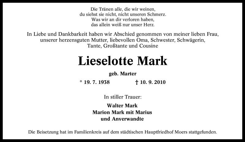  Traueranzeige für Lieselotte Mark vom 17.09.2010 aus Tageszeitung