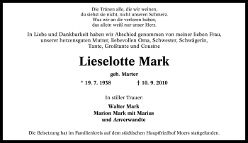 Traueranzeige von Lieselotte Mark von Tageszeitung