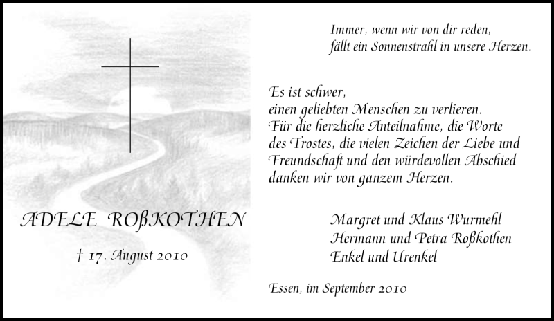  Traueranzeige für Adele Roßkothen vom 18.09.2010 aus Tageszeitung