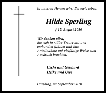 Traueranzeige von Hilde Sperling von Tageszeitung