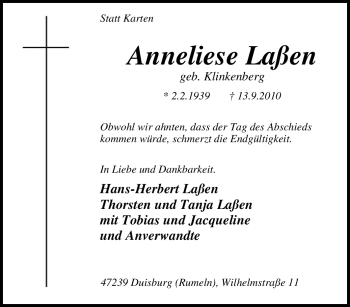 Traueranzeige von Anneliese Laßen von Tageszeitung