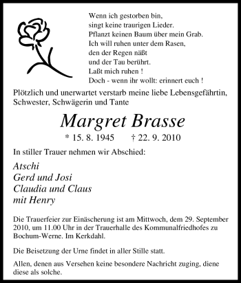 Traueranzeige von Margret Brasse von Tageszeitung