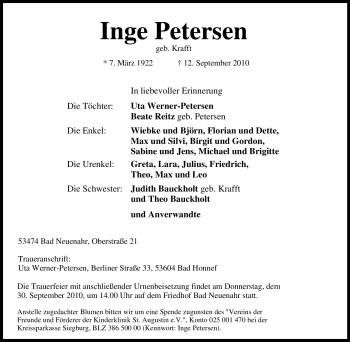 Traueranzeige von Inge Petersen von Tageszeitung