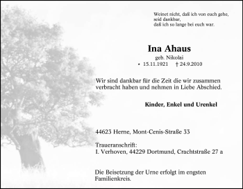 Traueranzeige von Ina Ahaus von Tageszeitung