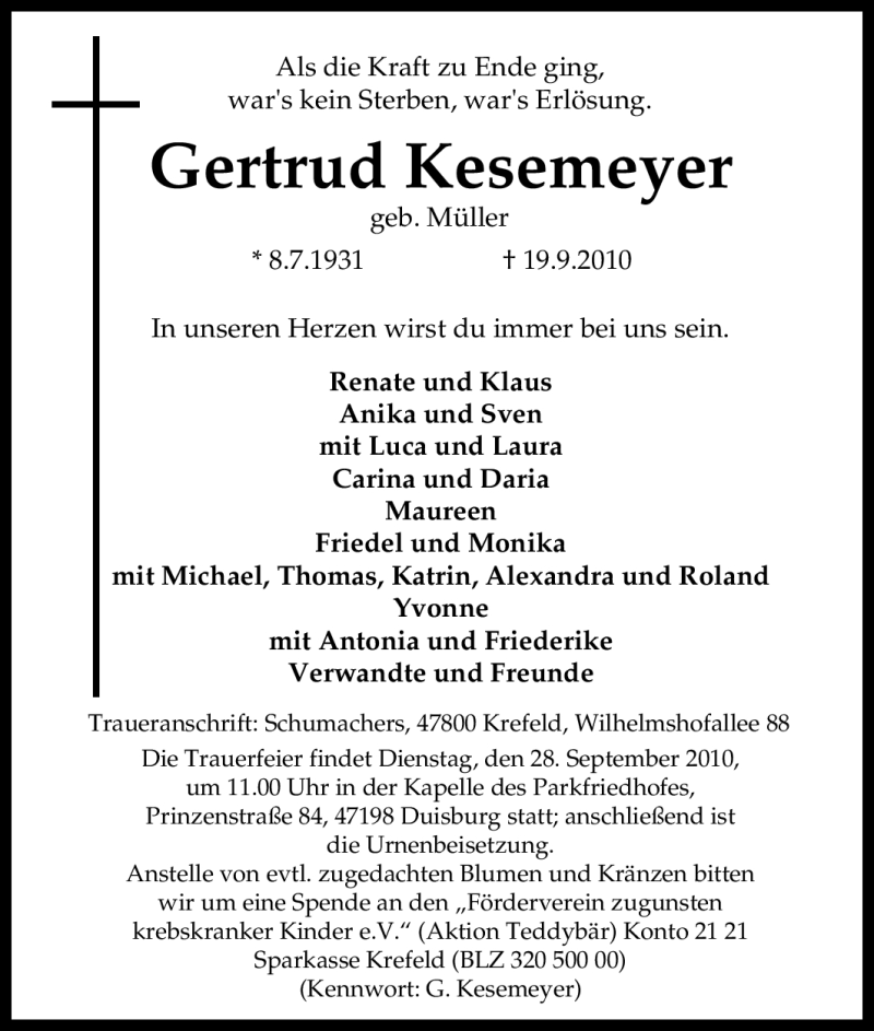  Traueranzeige für Gertrud Kesemeyer vom 25.09.2010 aus Tageszeitung