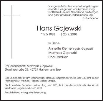 Traueranzeige von Hans Gajewski von Tageszeitung