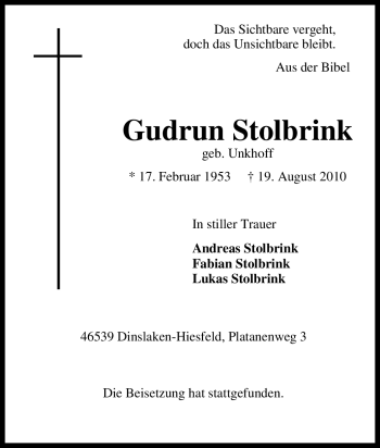 Traueranzeige von Gudrun Stolbrink von Tageszeitung