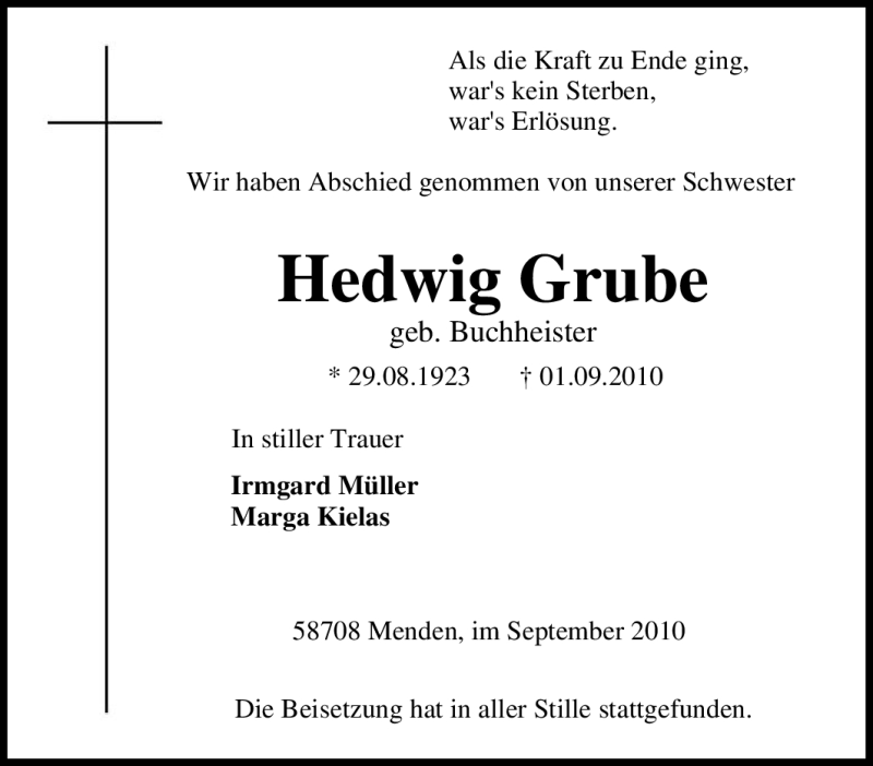  Traueranzeige für Hedwig Grube vom 17.09.2010 aus Tageszeitung