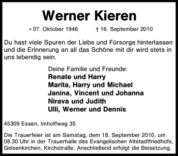 Traueranzeige von Werner Kieren von Tageszeitung