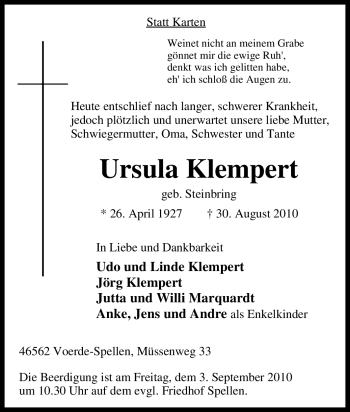 Traueranzeige von Ursula Klempert von Tageszeitung