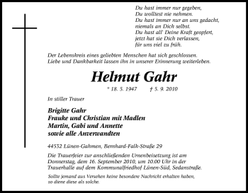 Traueranzeige von Helmut Gahr von Tageszeitung