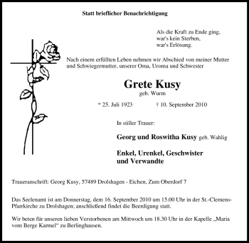 Traueranzeige von Grete Kusy von Tageszeitung