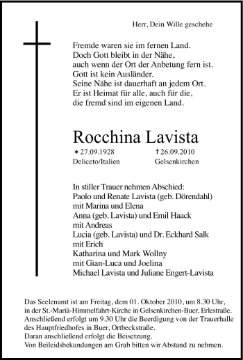 Traueranzeige von Rocchina Lavista von Tageszeitung