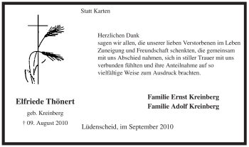 Traueranzeige von Elfriede Thönert von Tageszeitung
