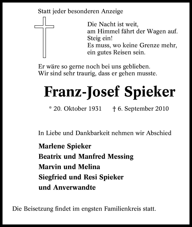  Traueranzeige für Franz-Josef Spieker vom 11.09.2010 aus Tageszeitung
