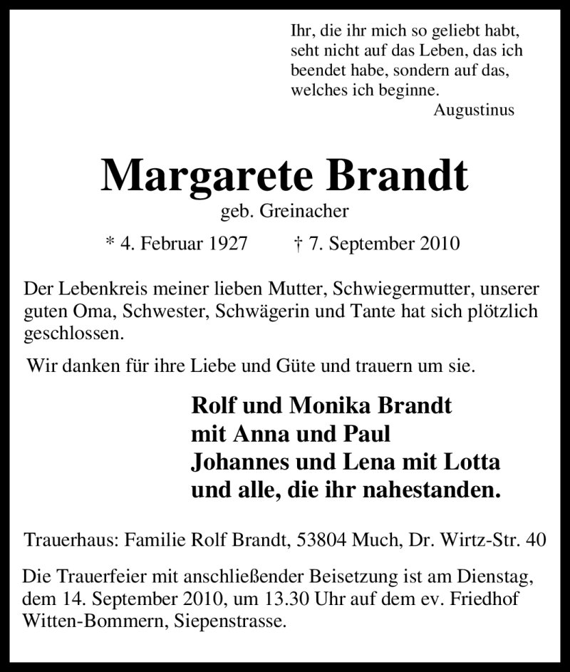  Traueranzeige für Margarete Brandt vom 11.09.2010 aus Tageszeitung
