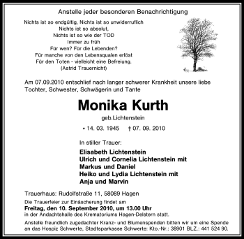 Traueranzeige von Monika Kurth von Tageszeitung