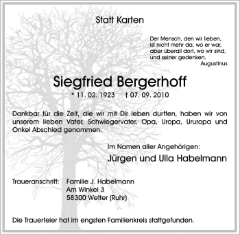 Traueranzeige von Siegfried Bergerhoff von Tageszeitung
