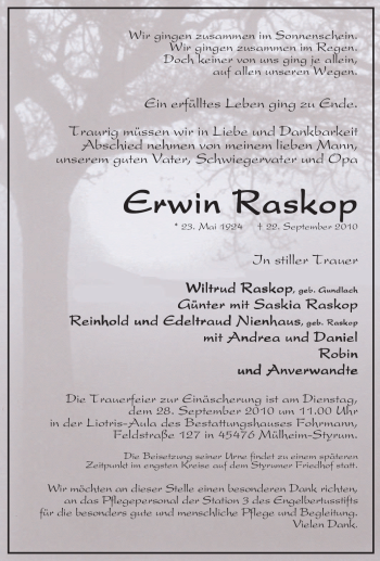 Traueranzeige von Erwin Raskop von Tageszeitung