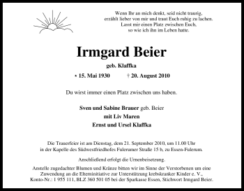 Traueranzeige von Irmgard Beier von Tageszeitung