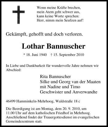 Traueranzeige von Lothar Bannuscher von Tageszeitung