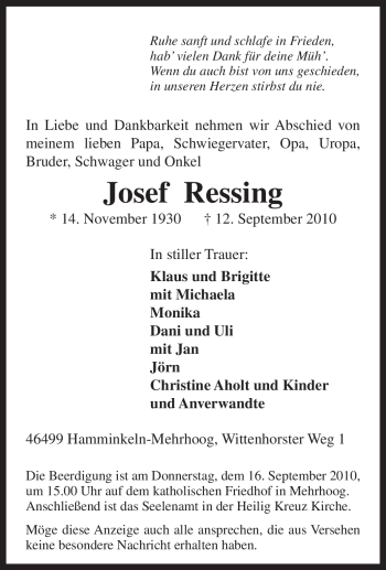 Traueranzeige von Josef Ressing von Tageszeitung