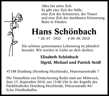 Traueranzeige von Hans Schönbach von Tageszeitung