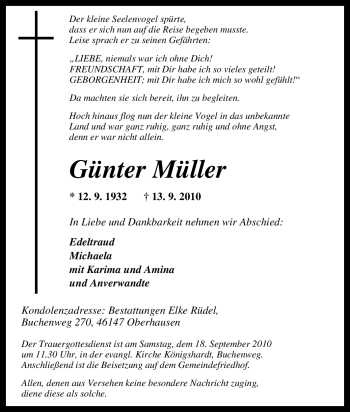Traueranzeige von Günter Müller von Tageszeitung