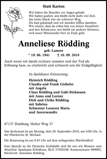 Traueranzeige von Anneliese Rödding von Tageszeitung