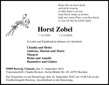 Traueranzeige von Horst Zobel von Tageszeitung