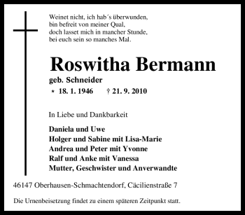 Traueranzeige von Roswitha Bermann von Tageszeitung